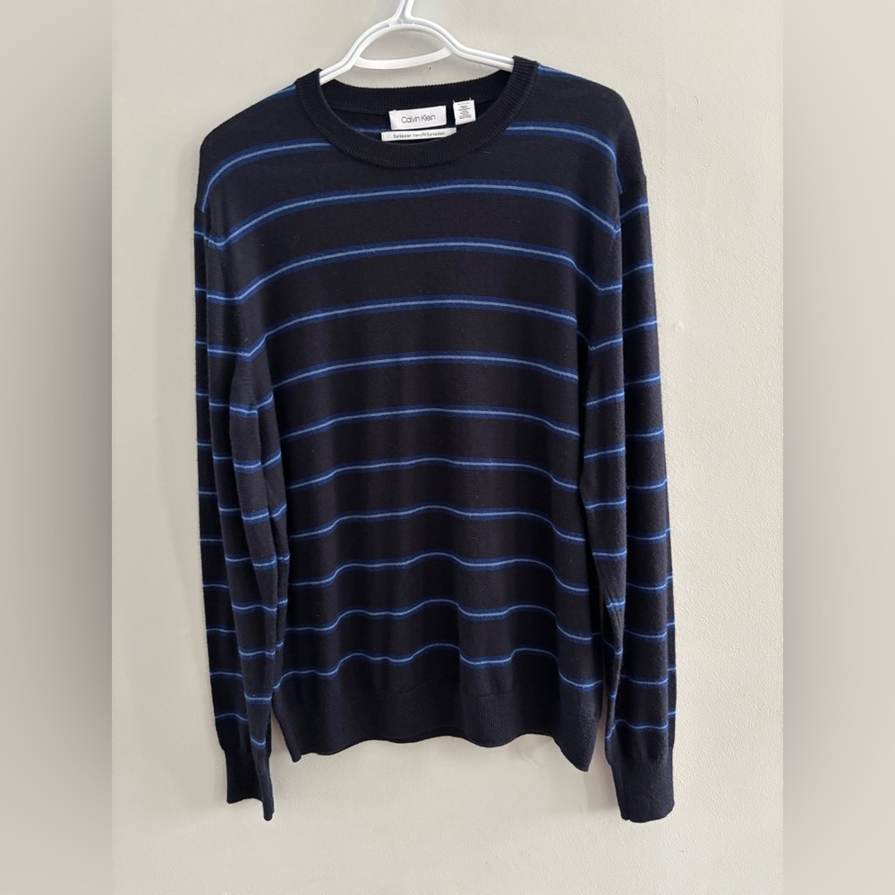 Calvin Klein Men's Sweater Black and Blue Stripes Merino Wool Blend